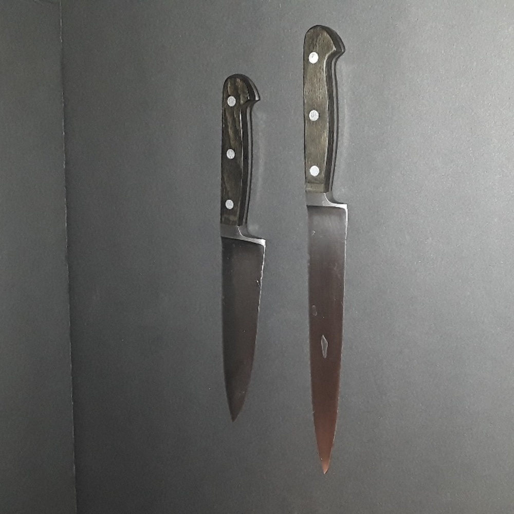 RARE HOFFRITZ WOOD HANDLE TOP OF THE LINE CHEF'S 2 KNIFE SET GERMANY W/ COVERS